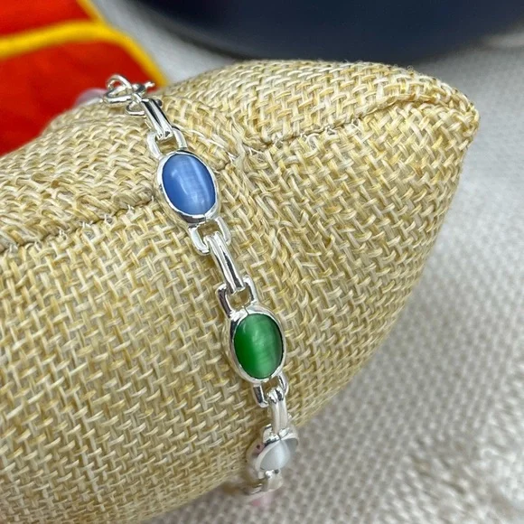 Stunning Vintage Sterling Silver Chainlink Bracelet with Multicolored Cabochons - Picture 10 of 16